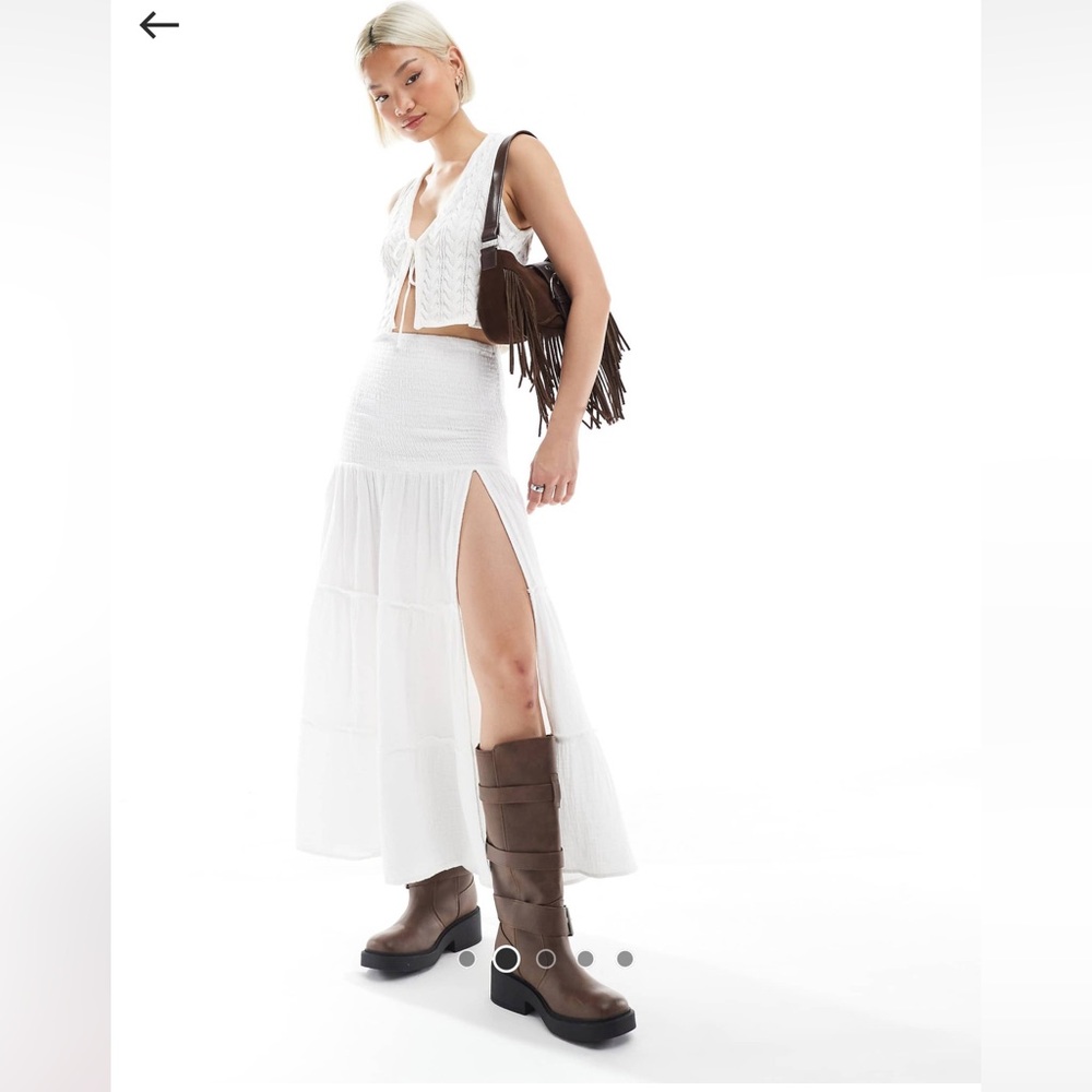 Bershka shirred waist tiered maxi skirt in white